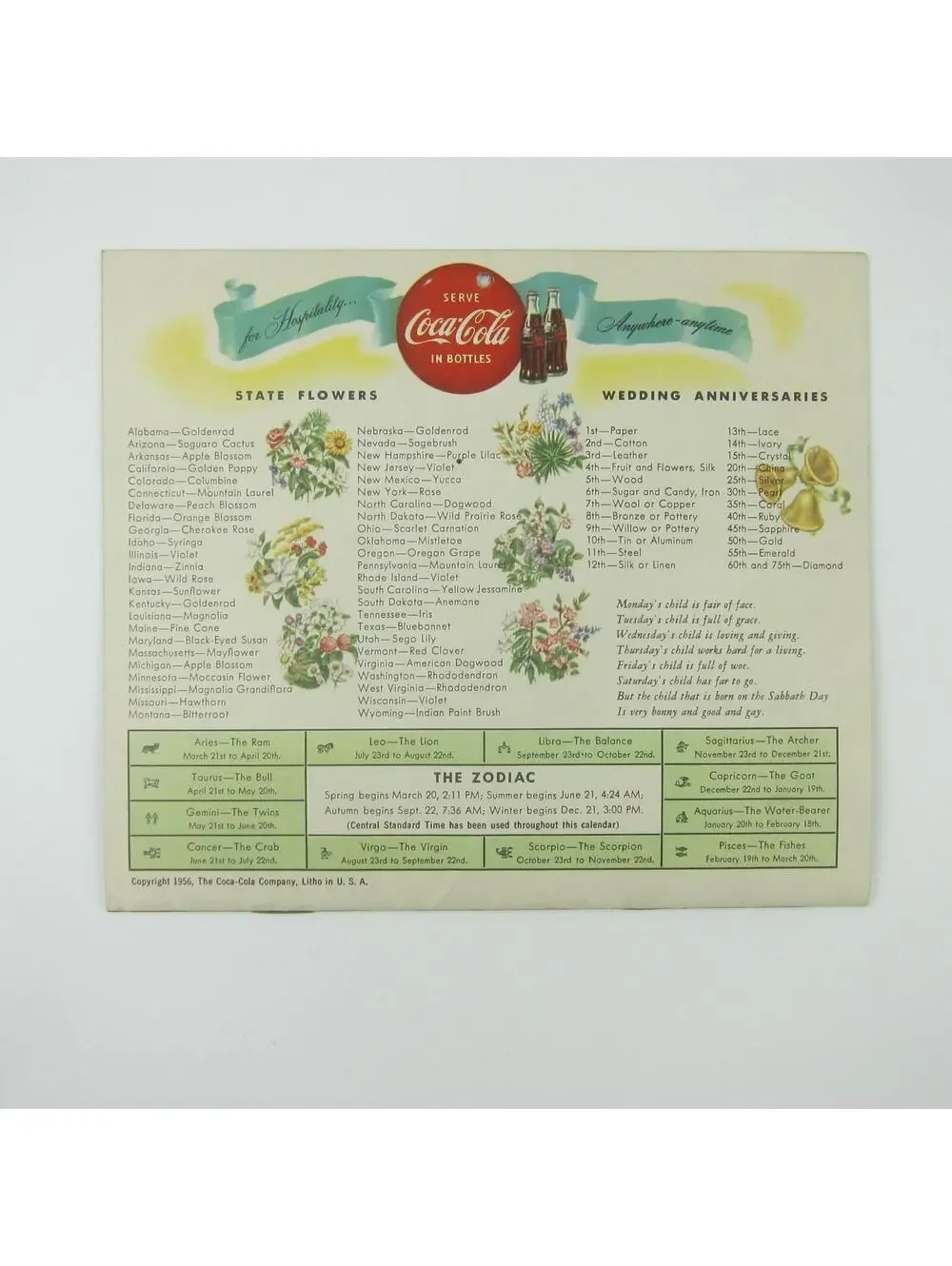 Coca Cola Advertising Wall Calendar Vintage 1956 Famous Flower Paintings